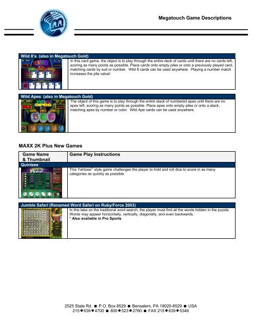 Megatouch Game Descriptions MEGATOUCH XL