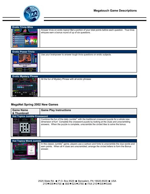 Megatouch Game Descriptions MEGATOUCH XL