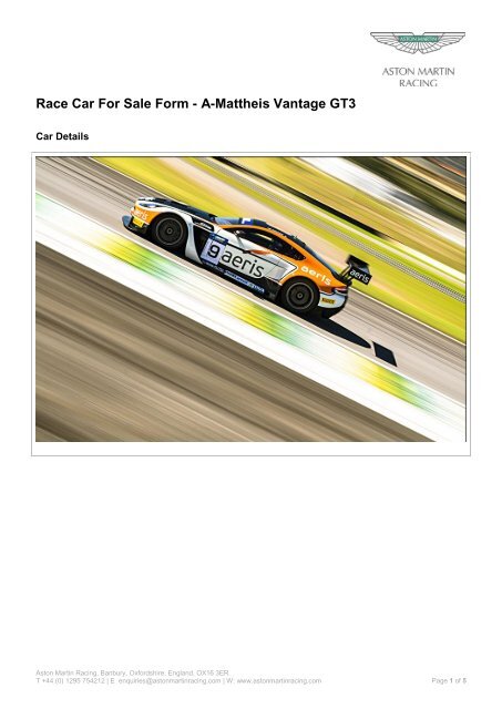 Race Car For Sale Form - GT311 - Aston Martin