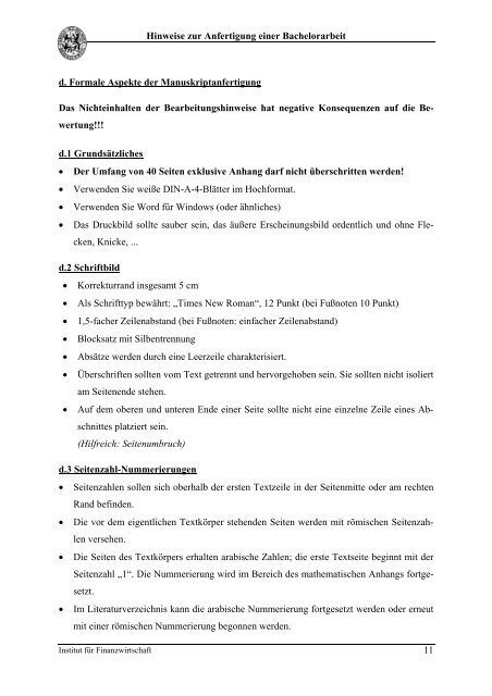 HINWEISE ZUR ANFERTIGUNG EINER BACHELORARBEIT ...