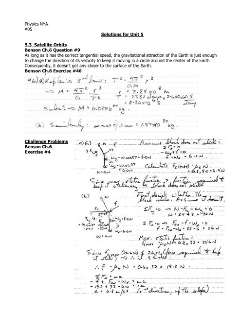 Physics NYA A05 Solutions for Unit 5 5.3 Satellite Orbits Benson Ch ...