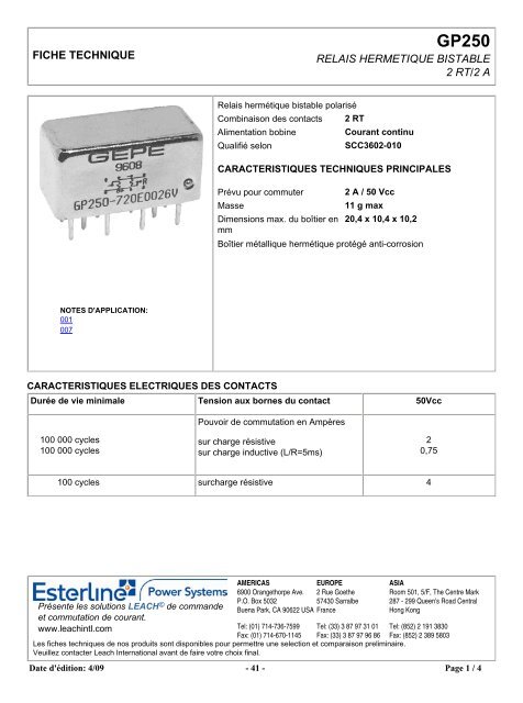 fiche technique relais hermetique bistable 2 rt/2 a - Leach International