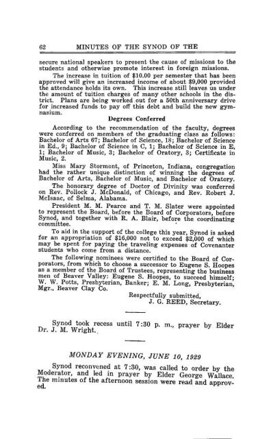 Reformed Presbyterian Minutes of Synod 1929