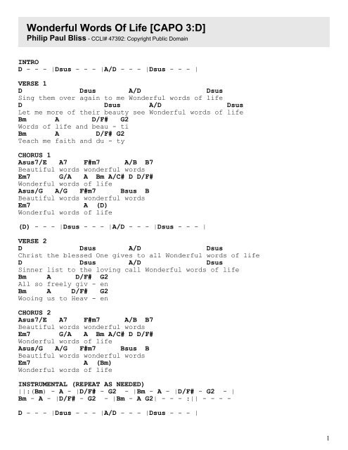 &quot;Wonderful Words of Life&quot; Chord Sheet in D [CAPO 3] (pdf)