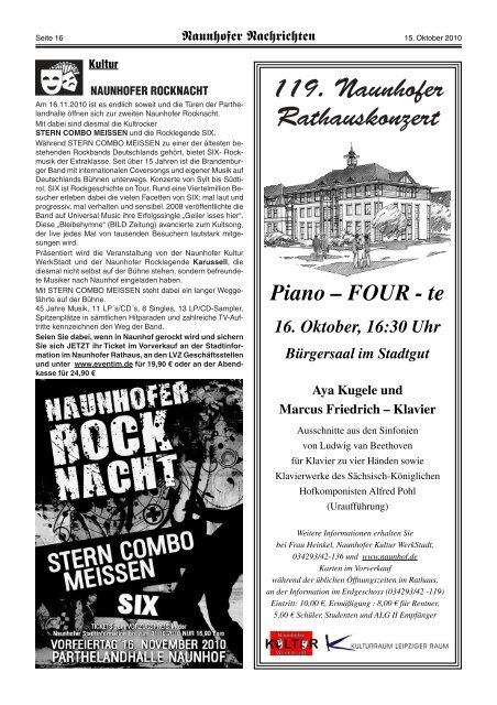 te 16. Oktober, 16:30 Uhr Bürgersaal im Stadtgut Aya ... - in Naunhof