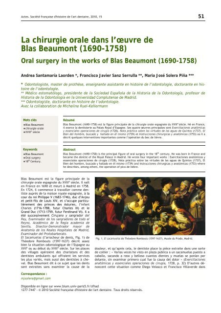 La chirurgie orale dans l'Åuvre de Blas Beaumont (1690-1758)