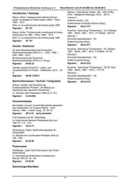 Neuerwerbungen 01.05.2003 - 30.09.2012 (pdf) - Philatelistische ...