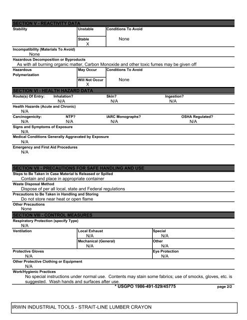 Lumber Crayons - MSDS Sheet - Menards