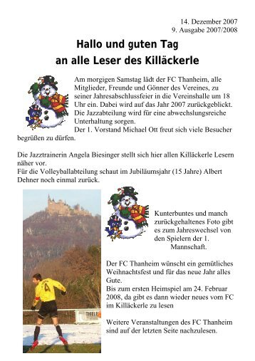 Hallo und guten Tag an alle Leser des Killäckerle - FC Thanheim