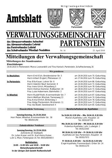 Mitteilungen der Verwaltungsgemeinschaft - Partenstein