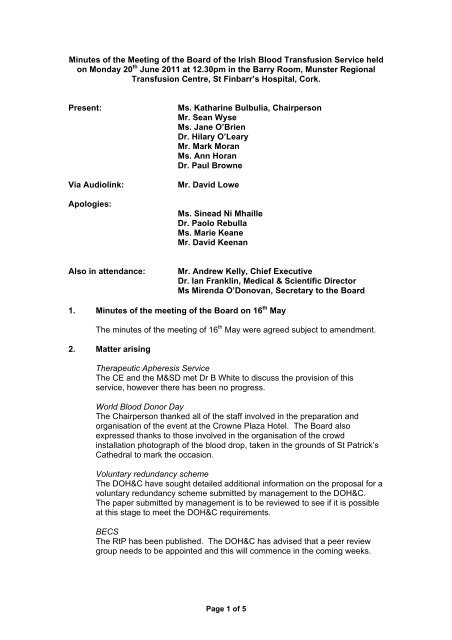 Board Minutes 20th June 2011 - Irish Blood Transfusion Service