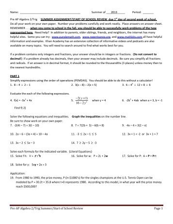 2013 Pre AP Algebra 2/Trig - Forest Park High School