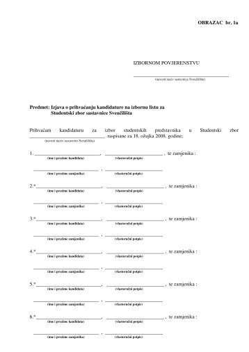 OBRAZAC br. 1a IZBORNOM POVJERENSTVU Predmet: Izjava o ...