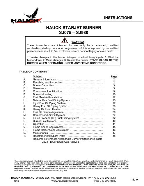 HAUCK STARJET BURNER SJ075 â SJ980 - Hauck Manufacturing