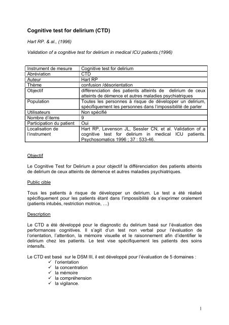 Cognitive test for delirium (CTD)