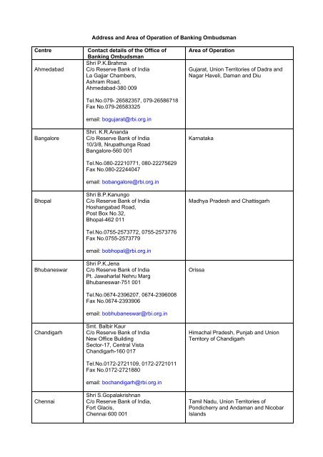 Address and Area of Operation of Banking Ombudsman Centre ...