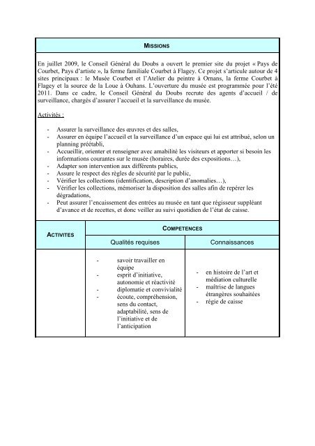 Fiche de Poste gardien musee + Flagey - Conseil gÃ©nÃ©ral du Doubs