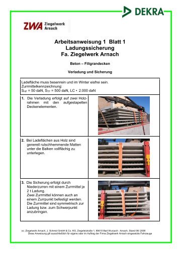 Arbeitsanweisung 1 Blatt 1 Ladungssicherung Fa. Ziegelwerk Arnach