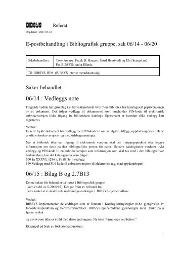 E-postbehandling i Bibliografisk gruppe, sak 06/14 - Bibsys