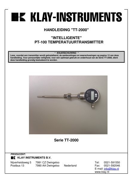 HANDLEIDING "TT-2000" "INTELLIGENTE" PT ... - Klay Instruments