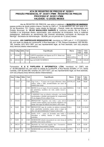 Ata de Registro de PreÃ§os 052/2011 - MaringÃ¡ - Estado do ParanÃ¡