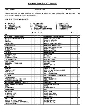 personal information sheet