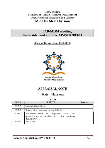 Haryana Appraisal Note âPAB-2013-14 - Mid Day Meal Scheme