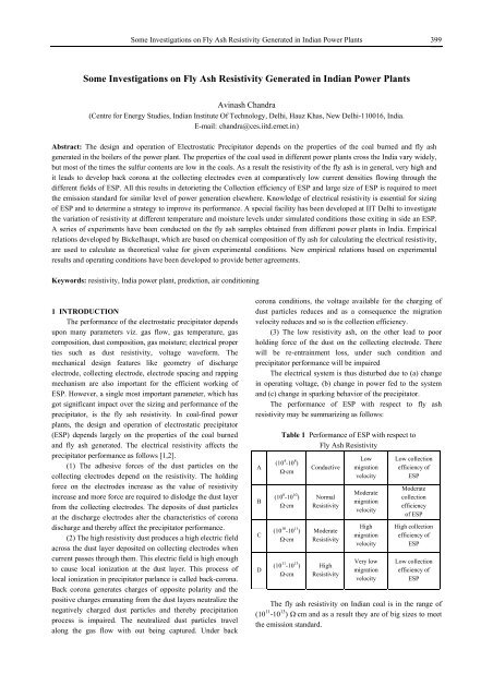 Some Investigations on Fly Ash Resistivity Generated in ... - isesp