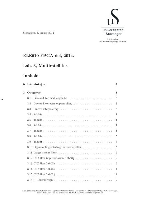 ELE610 FPGA-del, 2013. Lab. 3, Multiratefilter. Innhold