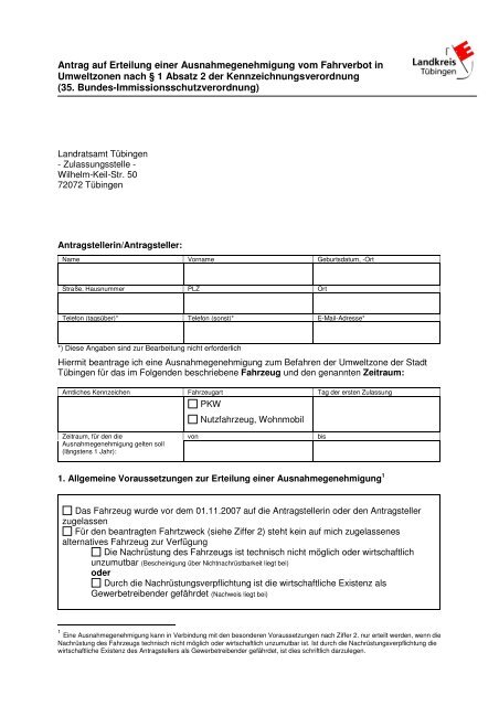 Antrag auf Erteilung einer Ausnahmegenehmigung vom Fahrverbot ...