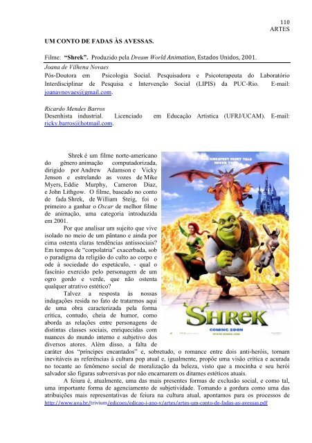 ARTES UM CONTO DE FADAS ÃS AVESSAS. Filme: âShrek ... - UVA