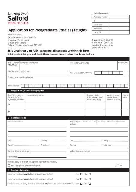 postgraduate taught application form - University of Salford