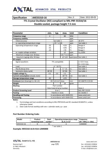 Specification AXE55310-16 TTL Crystal Oscillator (XO ... - AXTAL