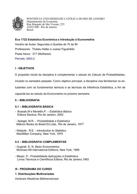 Eco 1722 Estatística Econômica e Introdução à Econometria Horário ...