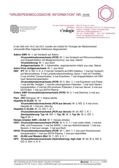 Diagnostizierte Infektionen - Virologie Wien