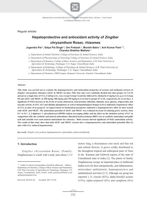 Hepatoprotective and antioxidant activity of Zingiber chrysanthum ...