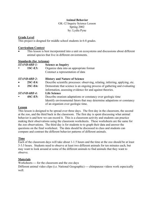 Animal Behavior GK-12 Inquiry Science Lesson Spring 2002 by ... Animal Behavior GK-12 Inquiry Science Lesson Spring 2002 by ...