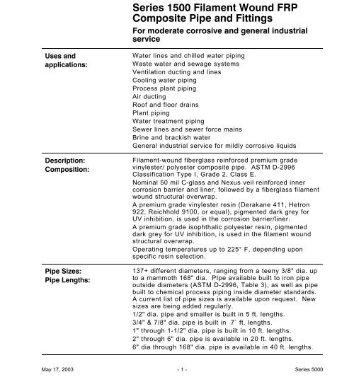 Series 1500 Filament Wound FRP Composite Pipe and Fittings