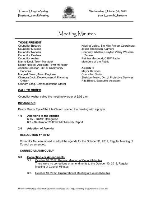 October 31, 2012 council minutes - Town of Drayton Valley