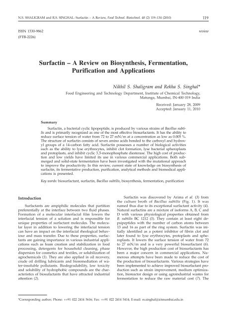 Surfactin - Food Technology and Biotechnology