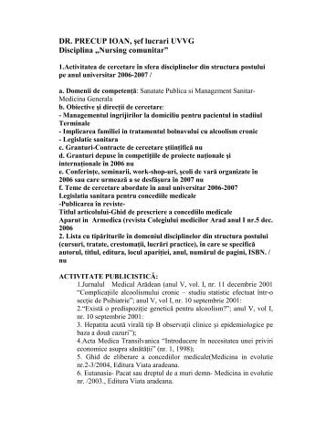 DR. PRECUP IOAN, Åef lucrari UVVG Disciplina âNursing comunitarâ