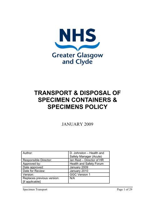 transport & disposal of specimen containers & specimens policy