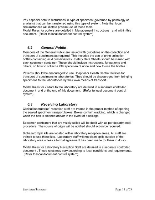 transport & disposal of specimen containers & specimens policy