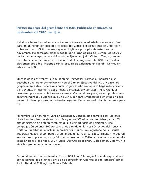 Primer mensaje del presidente del ICUU Publicado en miÃ©rcoles ...
