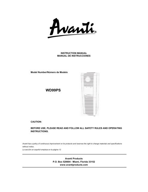 Model WD99PS - Water Dispenser with Electronic ... - Avanti Products