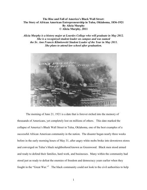 1 The Rise and Fall of America's Black Wall Street ... - Lourdes College