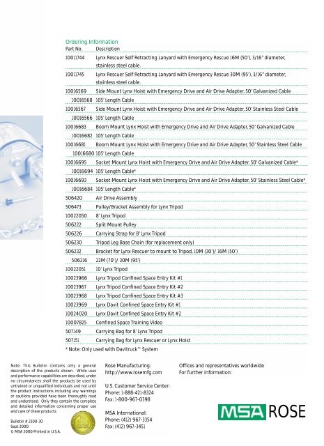 Lynx Line of Confined Space Equipment 2300-30