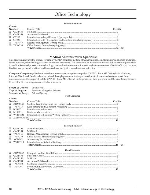 2011 - 2012 Student Calendar - Helena College of Technology