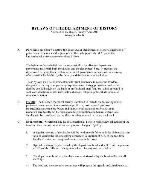 BYLAWS OF THE DEPARTMENT OF HISTORY