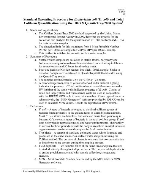 Standard Operating Procedure for Escherichia coli - Division of ...